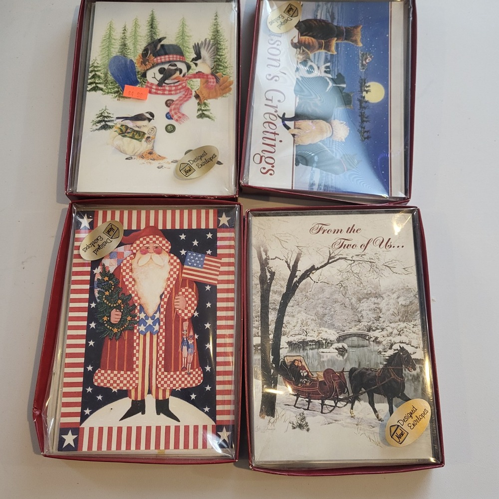 Vintage Christmas Cards Lot 4 Boxes 2004 Snowman Americana Sleigh Holiday Cards
